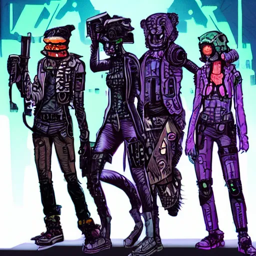 Image similar to a gang of cyberpunk humanoid opossums, cyberpunk, shadowrun