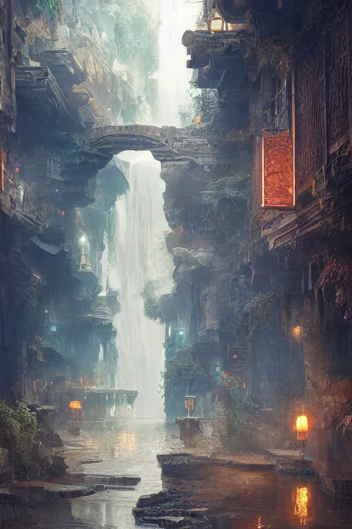 Prompt: inside the antique street of atlantis the city of water, waterfall, intricate, elegant, volumetric lighting, digital painting, highly detailed, artstation, sharp focus, illustration, concept art, ruan jia, steve mccurry