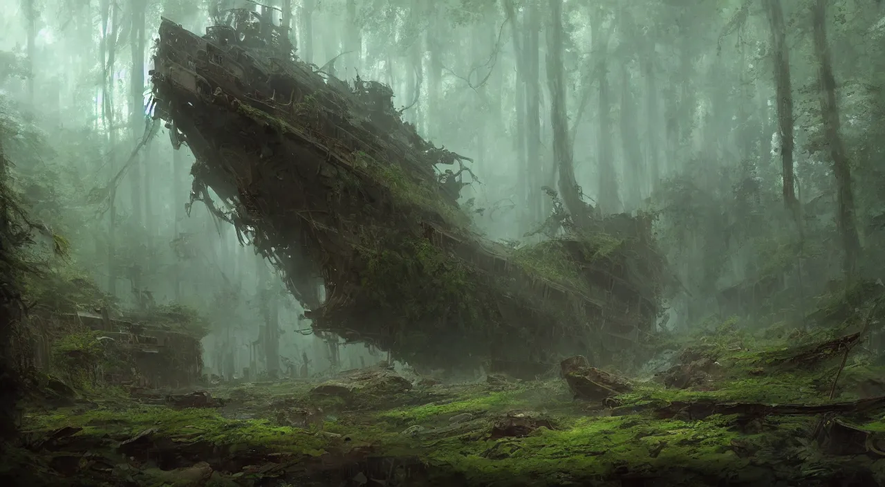 Prompt: rusty naval dreadnought shipwreck in a lush forest, sci-fi, ivy, moss, trending on artstation, concept art by Ruan Jia and Greg Rutkowski and Sebastian Luca, global illumination