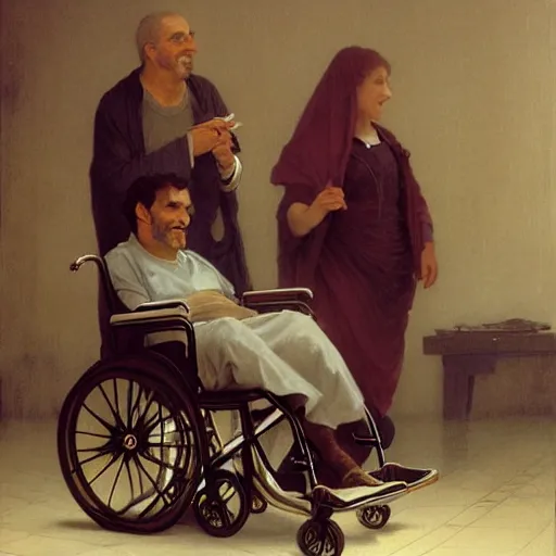 Prompt: a male patient in a wheelchair in the hospital with his wife and son standing by. happy, cheerful, smiling, intricate, face enhance, sharp focus, cinematic lighting, 8 k, art by greg rutkowski, william adolphe bouguereau