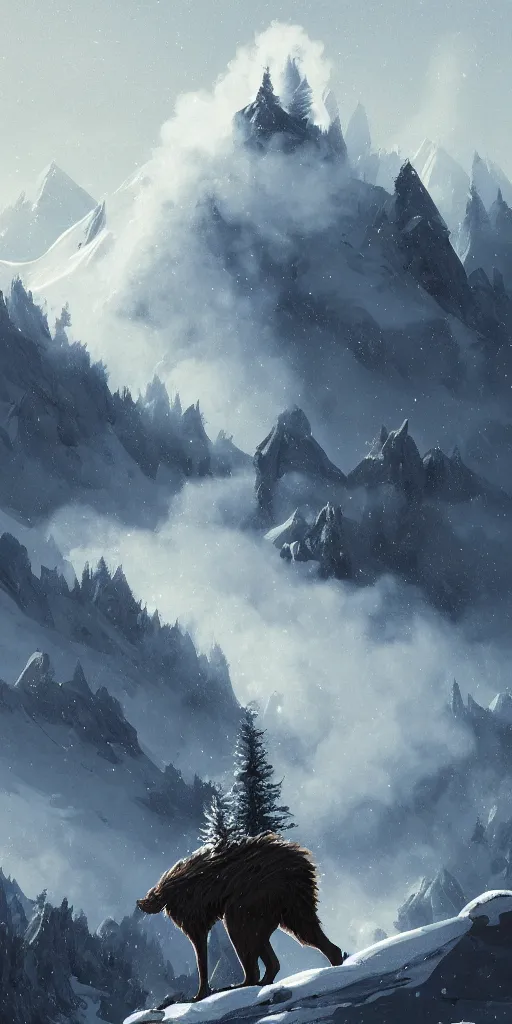 Prompt: a giant hairy cryptid monster halfway up a snowy mountain in the style of Sylvain Sarrailh, wispy magical smoke, beautiful digital art, cinematic composition, detailed, concept art, Matt painting, oil painting, high res