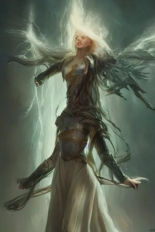 Image similar to beautiful girl wizard of the coast, lord of the rings elf, casting magic spell, angel, 3 d render, hyper realistic detailed portrait, magic storm, thunder, ruan jia, wlop. scifi, fantasy, magic the gathering, hyper detailed, octane render, concept art, peter mohrbacher