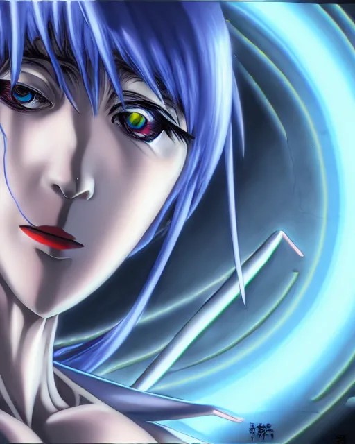 Image similar to female anime character, rei ayanami, cyborg, eye of providence, by noriyoshi ohrai, by wojtek siudmak, hellscape, mind character, hd, 8 k!!, 4 k!!, ultra hd!!, environmental