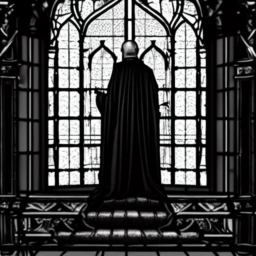 Prompt: an ultra detailed black and white stained glass window of the evil patriarch with pitch black eyes wearing his royal robes and sitting imperiously on his throne high in the cathedral, concept art, incense smoke drifting through the air, portrait, artstation, volumetric lighting, exquisite detail, octane render, 8 k postprocessing, art by john collier and albert aublet