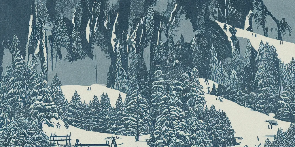 Image similar to beautiful idyllic poster illustration for a craggy snow valley national park, no trees, by ludwig hohlwein