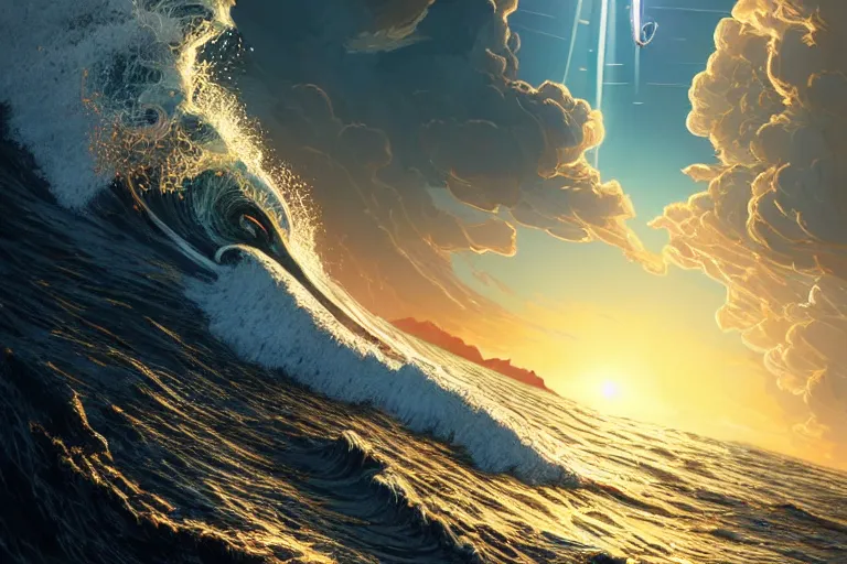 Image similar to detailed intricate digital illustration by greg rutkowski and artgerm and wlop and sanford robinson gifford ; nuclear bomb radiating bright, blinding lens flare across the horizon of a serene ocean, beautiful, glistening water and waves ; 1 3 mm film, arri alfa anamorphic lens, golden hour lighting ; sharp focus ; trending on artstation 8 k