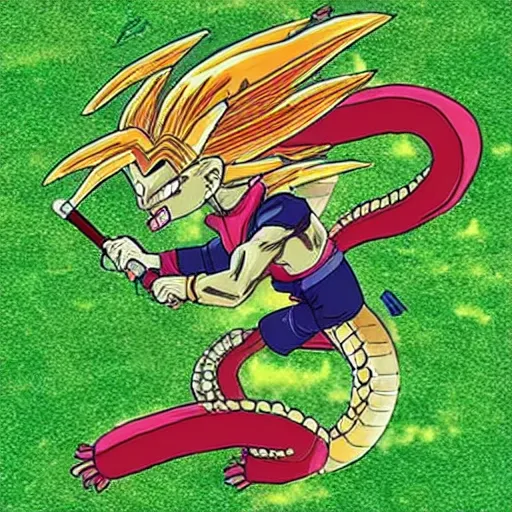 Image similar to shenlong from dragonball z playing golf,