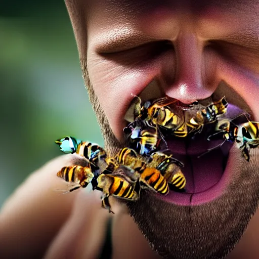 Image similar to photograph of bees crawling out of a smiling mans mouth, 8k resolution, high detail, ULTRA REALISTIC VFX, reflections