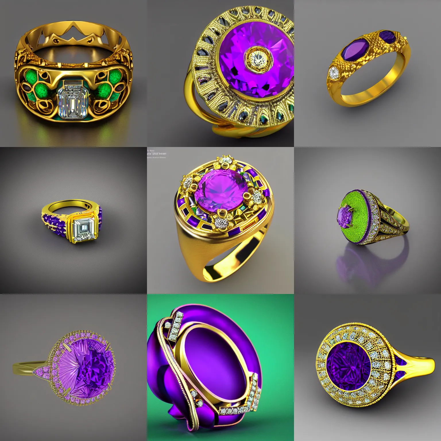 Prompt: mystical gold and diamond ring with fine purple and green details, ultra detailed, centered, octane render, elegant, caustics