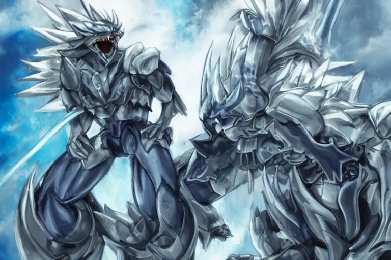 Image similar to a blue - eyes white dragon ( from the yu - gi - oh ), heavily armed and armored facing down the dark magician ( from yu - gi - oh ), in a dark and gritty version from the makers of mad max : fury road. witness me.