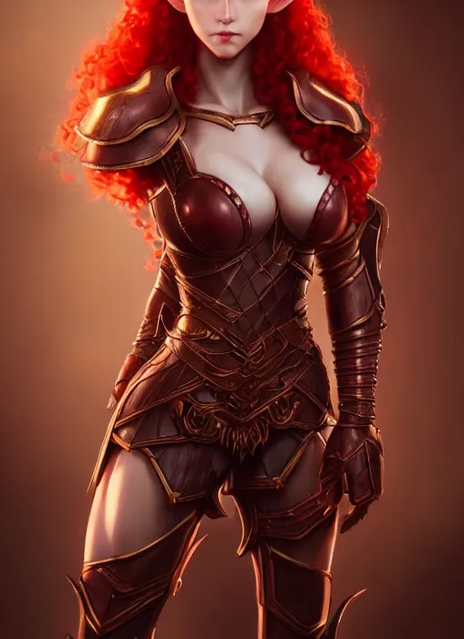 Image similar to leather armor!!! beautiful and elegant curly red hair female elf!! gorgeous ayes!! character concept art, sharp focus, octane render! unreal engine 5! highly rendered!! trending on artstation!! detailed linework!! illustration by artgerm, wlop, and chie yoshii