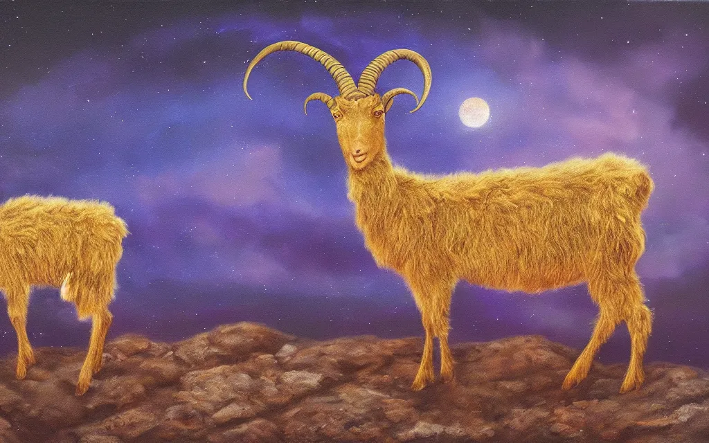 Prompt: satanic goat golden fur in silver desert at night (ethereal) (iridescent), award winning oil painting, lunar color palette