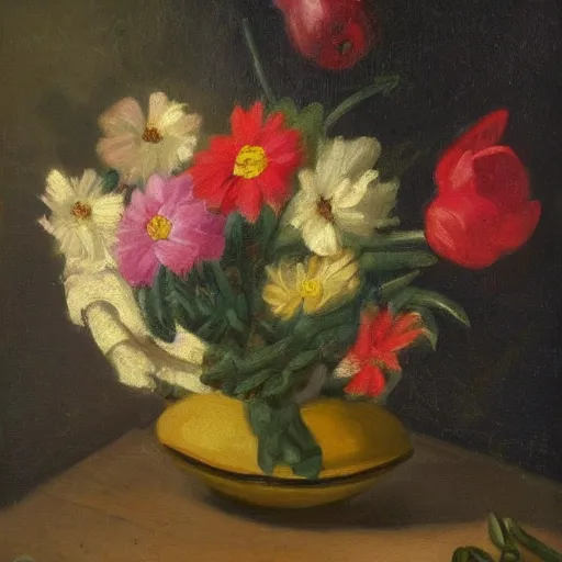 Image similar to Flowers on a bed, oil painting, 1700s, dark background, hidden pikachu