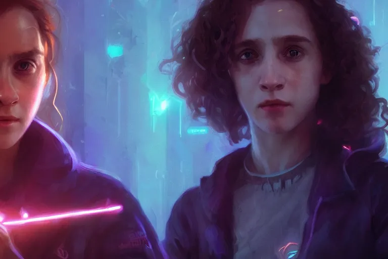 Image similar to portrait of Hermione Granger in cyberpunk, neon lighting, night city, digital art from artstation by Ruan Jia and Mandy Jurgens and Artgerm and william-adolphe bouguereau and Greg Rutkowski and Wayne Barlowe