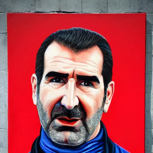 Image similar to a painting of Eric Cantona, in front of a red wall, dripping.