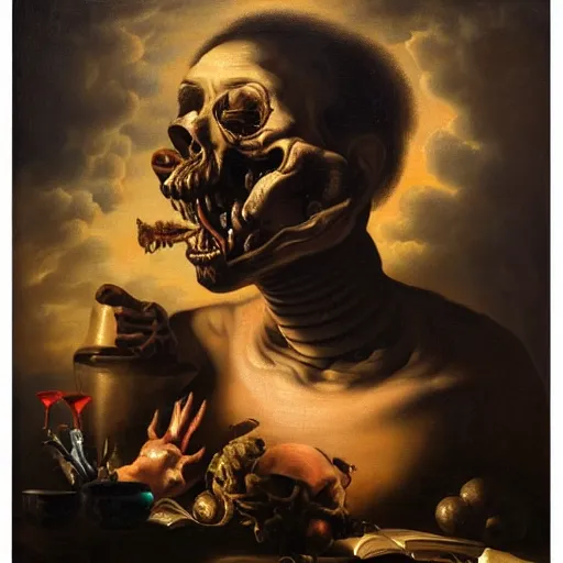 Prompt: refined gorgeous blended oil painting with black background by christian rex van minnen rachel ruysch dali todd schorr of a chiaroscuro portrait of an extremely bizarre disturbing mutated man with shiny skin acne dutch golden age vanitas intense chiaroscuro cast shadows obscuring features dramatic lighting perfect composition masterpiece