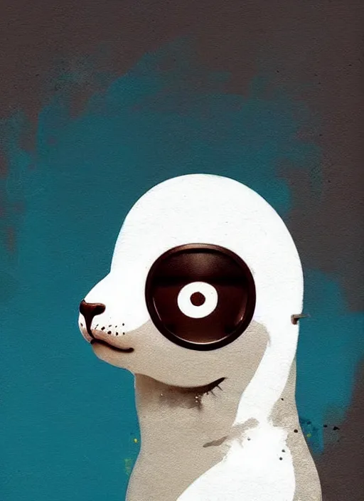 Image similar to graffiti tag mural of a cute white baby seal pup with an eyepatch by atey ghailan, by greg rutkowski, by greg tocchini, by james gilleard, by joe fenton, by kaethe butcher, by yoji shinkawa, gradient blue, black, brown and white color scheme muted tones, grunge aesthetic!!! white graffiti tag wall background