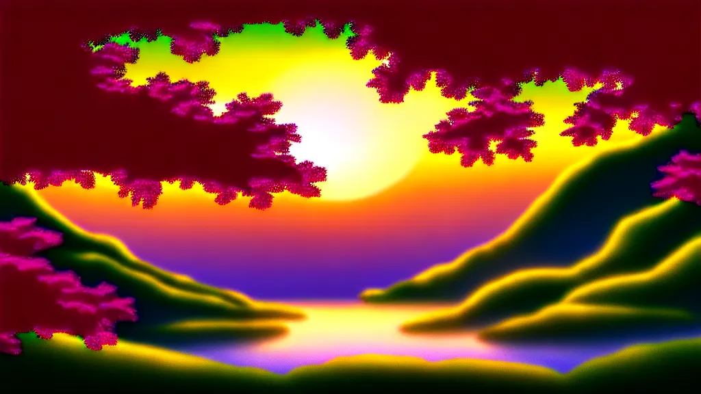 Image similar to featured on artstation cherry tree overlooking valley waterfall sunset beautiful image stylized digital art