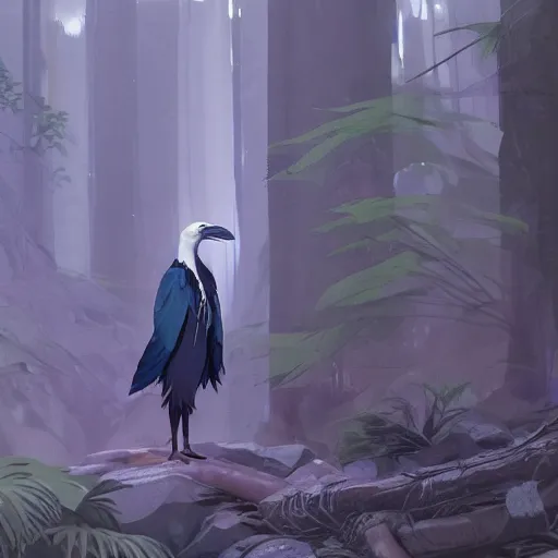 Prompt: concept art painting of an anthropomorphic albino raven wearing dark blue robes, in the deep forest, realistic, detailed, cel shaded, in the style of makoto shinkai and greg rutkowski and james gurney