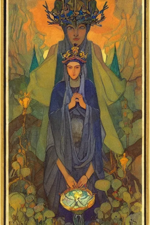 Prompt: lady of the forest with her crown and lantern, by Nicholas Roerich and Annie Swynnerton and Frederick Sandys, dramatic cinematic lighting , ornate headdress , flowing robes, sacred artifacts, lost civilizations, smooth, sharp focus, extremely detailed