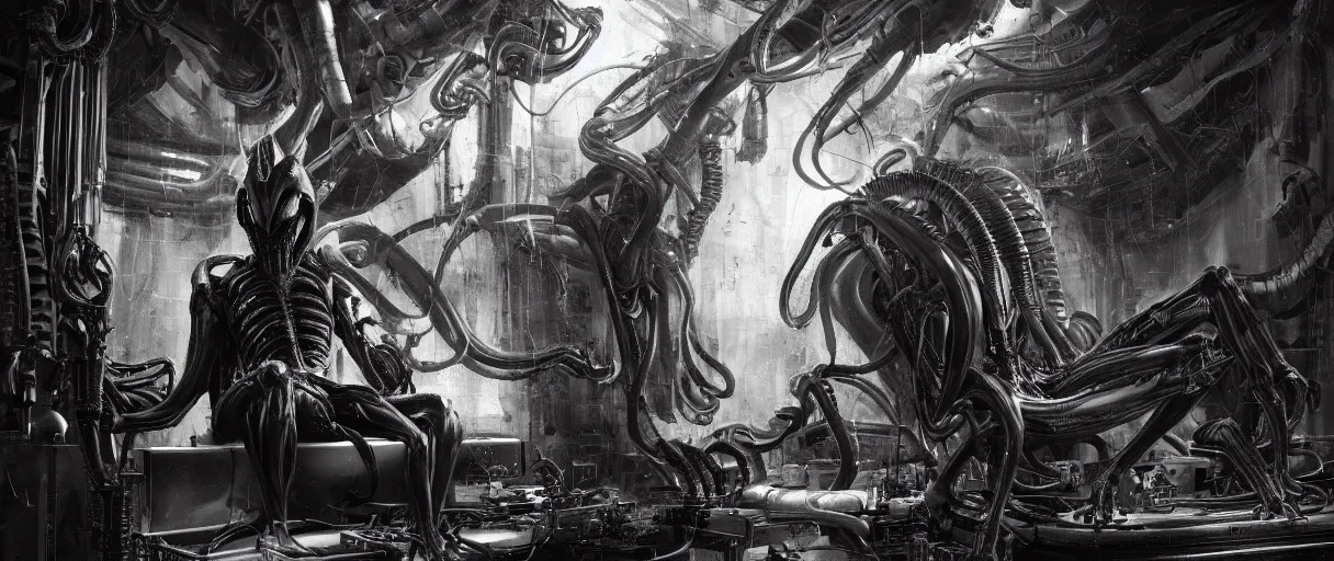 Image similar to duotone noir hyperreal concept illustration of black xenomorph alien machinery engineer sitting in chair by hr giger. cosmic horror atmosphere. accidental renaissance composition. cinematic volumentric lighting. by sachin teng and sergey kolesov and ruan jia and heng z. graffiti art, scifi, fantasy, hyper detailed. octane render. trending on artstation