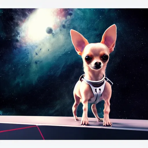 Prompt: Chihuahua cyborg, mechanical, celestial background, octane, 4k, hyper realism, sharp focus