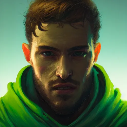 Image similar to portrait of a chad programmer with green hood by greg rutkowski, 4 k, close up