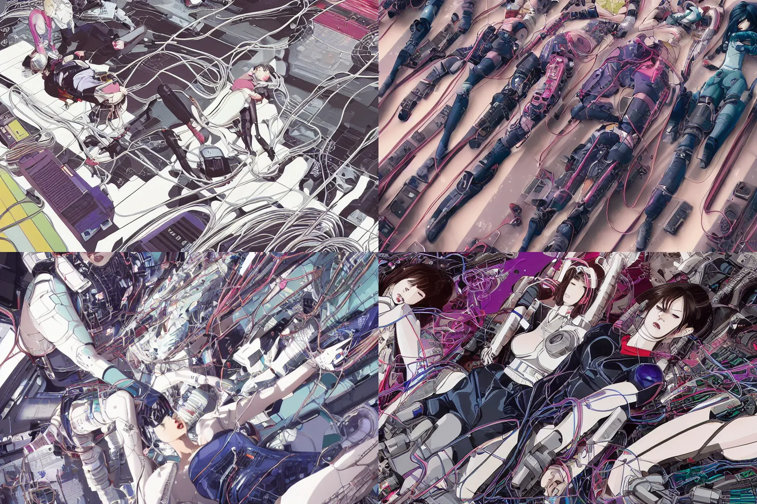 Prompt: a cyberpunk illustration of a group of super coherent female androids in style of yukito kishiro, lying on an abstract, empty, white floor with their body parts scattered around and cables and wires coming out, bymasamune shirow and katsuhiro otomo, hyper-detailed, intricate, colorful, view from above, wide angle, close up, beautiful