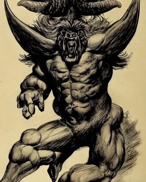 Image similar to a creature with the body and eyes of a man, with the beak of an eagle, the mane of a lion, and the horns of an ox. drawn by frank frazetta