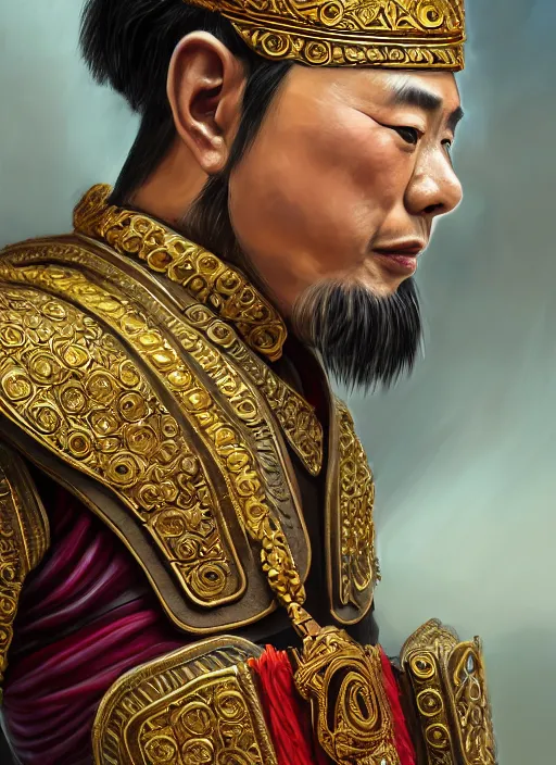 Image similar to king ramkhaheang of sukhothai, close portrait, historical, ethnic group, traditional tai costume, sukhothai headset, leather shoulder armor, fantasy, intricate, with leather armor cross onbare chest, elegant, loin cloth, highly detailed, oill painting, artstation, concept art, matte, sharp focus, illustration, hearthstone, art by earl norem