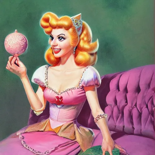 Image similar to Princess Peach, artwork by Earl Norem,