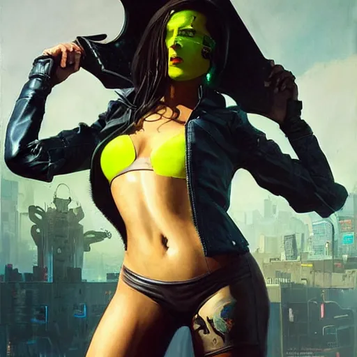 Image similar to greg manchess portrait painting of cthulhu in leather jacket as cyberpunk 2 0 7 7 character, medium shot, asymmetrical, profile picture, organic painting, sunny day, matte painting, bold shapes, hard edges, street art, trending on artstation, by huang guangjian and gil elvgren and sachin teng