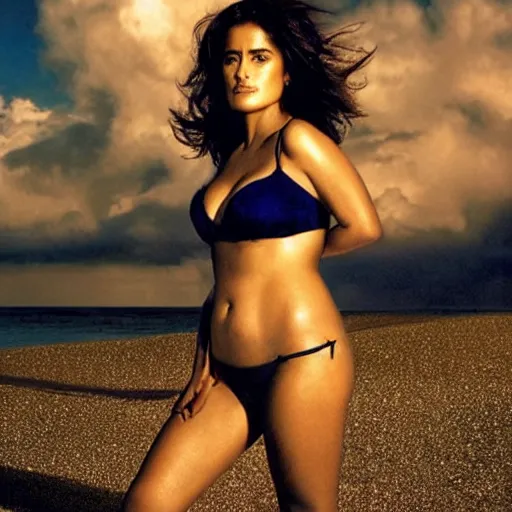 Prompt: salma hayek wearing a small bikini, posing on a beach, storm clouds, modeling photography,