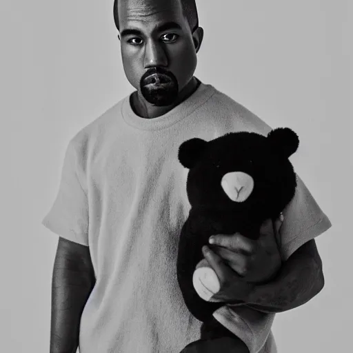 Image similar to Portrait studio photograph of Kanye West holding a anthropomorphic teddy bear, close up, shallow depth of field, in the style of Felice Beato, Noir film still, 40mm