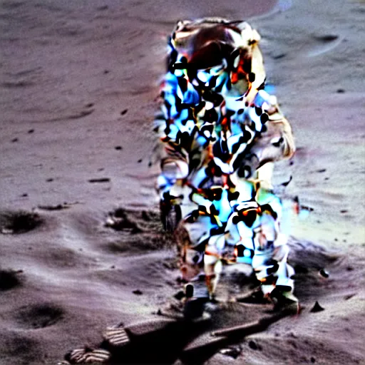 Prompt: medium - shot photo of david bowie!! wearing a space suit walking on the moon!! surface!!,