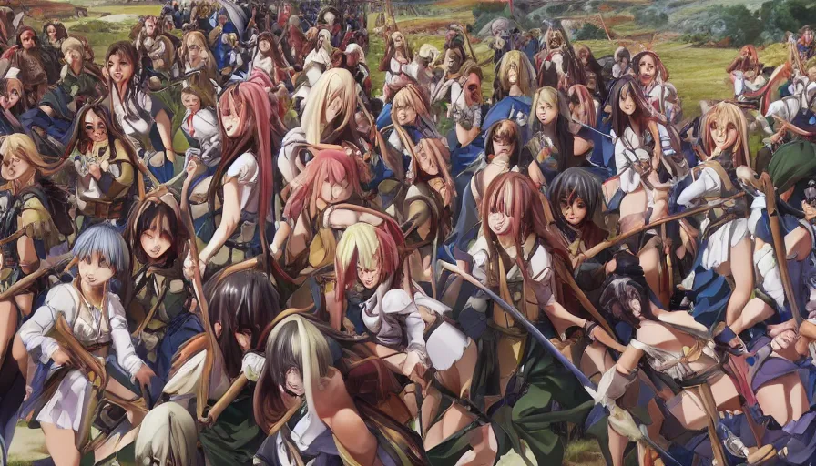 Prompt: jesus christ our lord standing in the front leading an army of cute anime girls into battle, photorealistic, anime, realistic faces, mini skirt, long hair, lightly dressed, renaissance painting, hyper real, detailed, closeup shot, ultra detailed