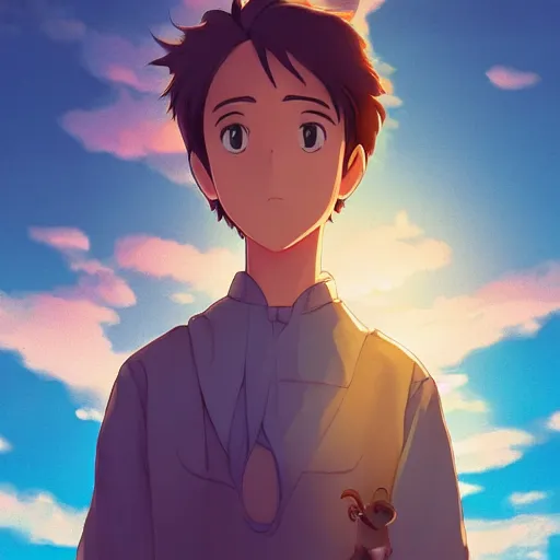 Prompt: Friendly guy and small creature, sunset sky, made by Studio Ghibli, accent lighting, front lit, highly detailed art, beautiful scene, sharp focus, smooth, 8k, anime art, artgerm