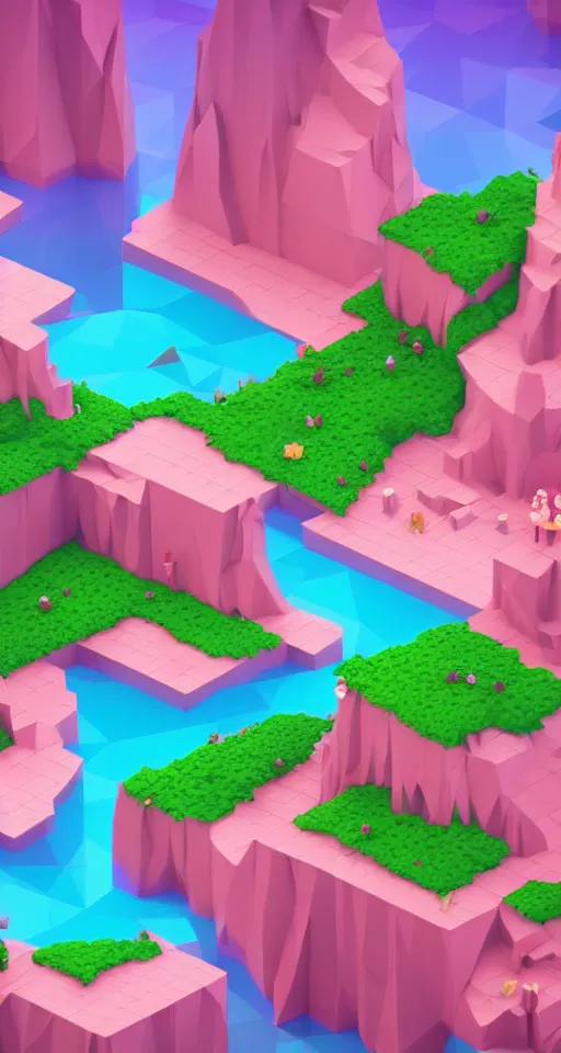 Prompt: matte 3d low poly cherry blossom island, pink waterfalls, isometric perspective on sky background, soft shadows, lat lighting, trending on artstation, 3d render, monument valley, fez video game,