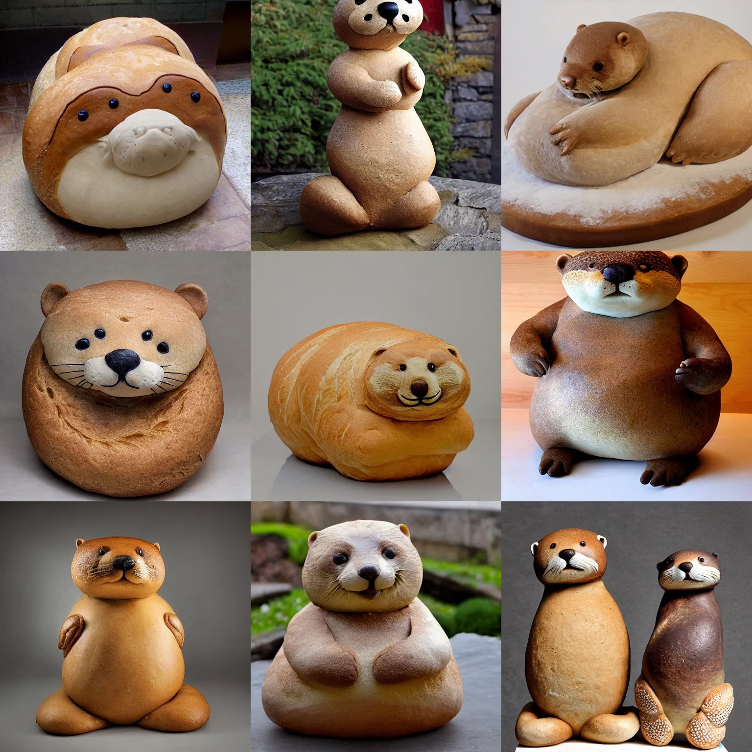Prompt: sourdough bread sculpture of a chubby otter, dough sculpture, animal - shaped bread, otter, photograph