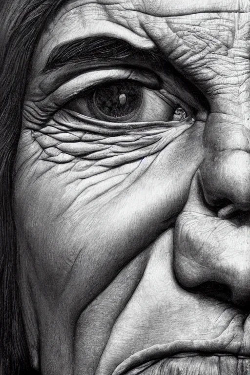 Prompt: hyperrealism close-up portrait a face divided in half into young and old in style of da Vinci