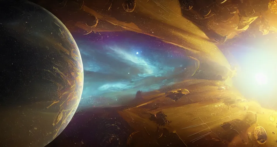 Image similar to 2 0 2 2 sfx masterpiece. weta studios. cgsociety. trending on artstation. golden mean. view of the planet down below. space station pov. screenshot from the new sci - fi metroid film directed by denis villeneuve. 4 k. cinema. close orbital of a new alien world nested within an asteroid belt nebula. purple and green clouds lightning aurora