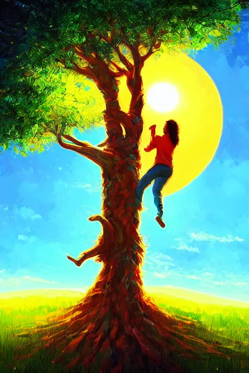 Prompt: two lovers climb the tree of life as the sun shines brightly, 8 k resolution digital painting, vibrant colors, by michael whelan, byalena aenami, behance hd, trending on artstation deviantart