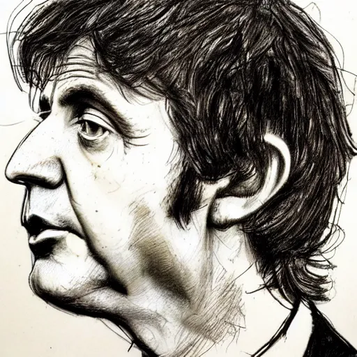 Image similar to a realistic yet scraggly portrait sketch of the side profile of a stern and sophisticated young paul mccartney, trending on artstation, intricate details, in the style of frank auerbach, in the style of sergio aragones, in the style of martin ansin, in the style of david aja, in the style of mattias adolfsson