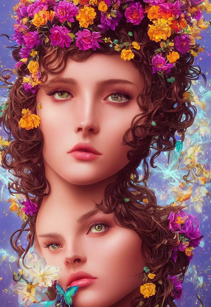 Image similar to beautiful, young woman, detailed gorgeous face, vaporwave aesthetic, synthwave, colorful, psychedelic, artstation, concept art, smooth, extremely sharp detail, thorn crown, flowers, bees, finely tuned detail, ultra high definition, 8 k, unreal engine 5, ultra sharp focus, illustration, art by artgerm, greg rutkowski and alphonse mucha