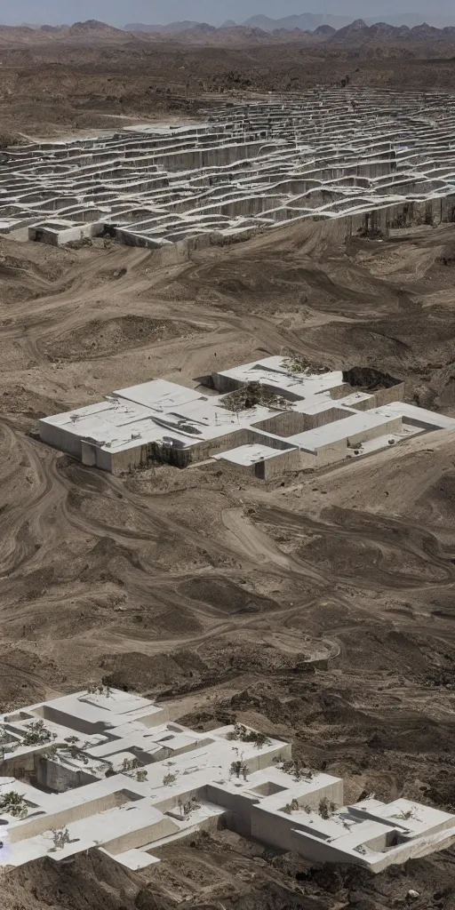 Prompt: neo brutalist herzog & de meuron bioremediation architecture in the mining tailing in the desert