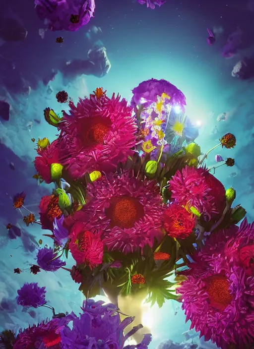 Image similar to An epic fantastic realism comic book style painting of the most beautiful flowers launched into space, bouquets, fisheye lens, unreal 5, DAZ, hyperrealistic, octane render, dynamic lighting