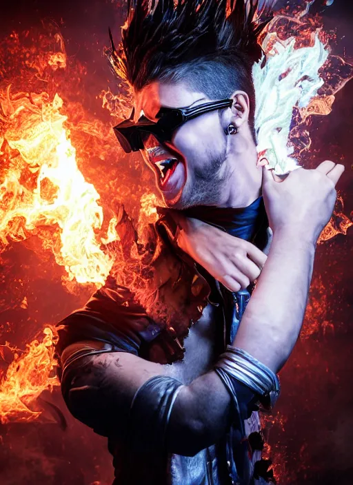 Image similar to An epic fantasy comic book style portrait painting of young man with red spiked long hair, using googles. Wearing a black waistcoat, white shirt. He is throwing a wild fire blast from his hands, with a vicious smile in face. Unreal 5, DAZ, hyperrealistic, octane render, cosplay, RPG portrait, dynamic lighting