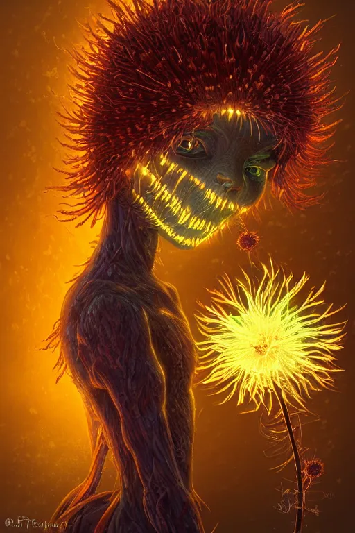 Image similar to a humanoid figure glowing dandelion plant monster, amber eyes, highly detailed, digital art, sharp focus, ambient lighting, autumn colours, trending on art station, anime art style