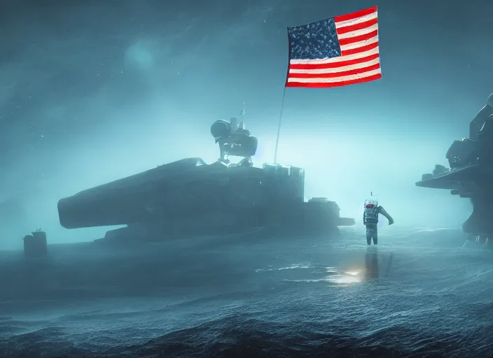 Image similar to astronaut holding a flag in an underwater desert. a submarine is visible in the distance. dark, concept art, cinematic, dramatic, atmospheric, 8 k, trending on artstation, blue, fish, low visibility, fog, ocean floor, christopher nolan, interstellar