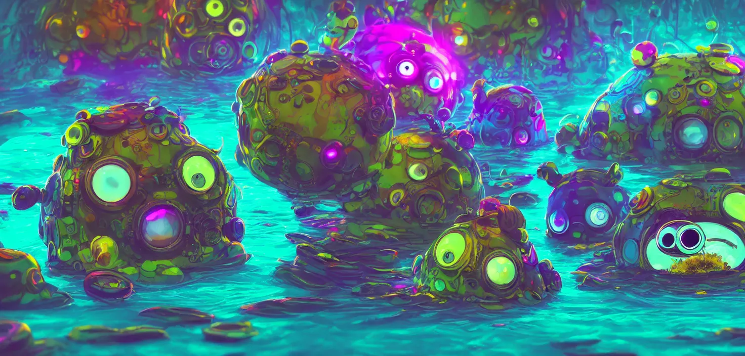 Prompt: intricate colorful lake with strange cute fluffy cyberpunk friendly happy creatures with huge eyes long tongue and funny face appearing from the water, in the style of craola, macro lens, shallow depth of field, highly detailed, digital painting, trending artstation, concept art, illustration, cinematic lighting, vibrant colors, photorealism, epic, octane render